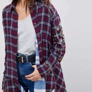 NWOT Free People burgundy plaid beaded and jeweled button down shirt size S!